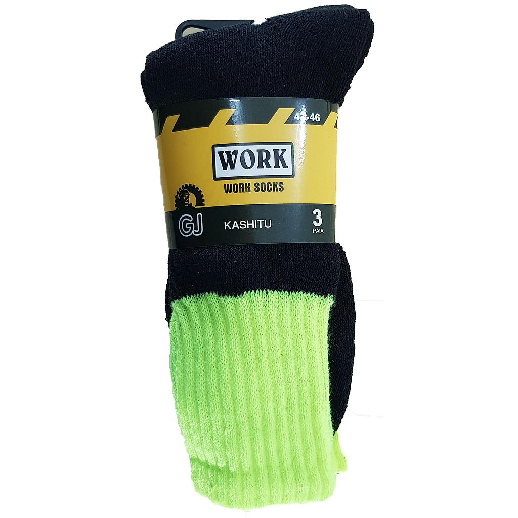 Work Socks 3 pairs 75% Cotton Flouro Green Black Sole