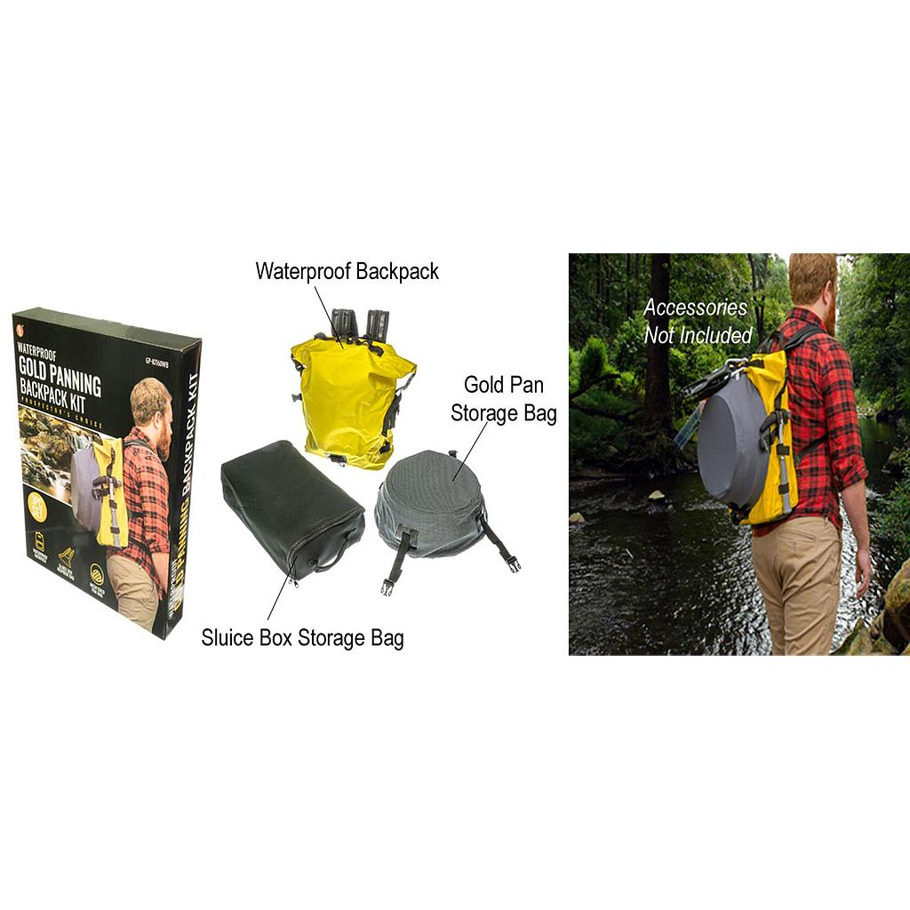 3 pc Set Waterproof Gold Panning Backpack, Sluice Box Neoprene Bag &amp; Mesh Gold Pan Bag