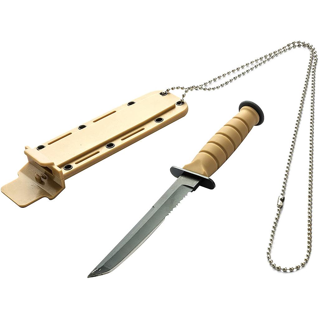 Tanto Knife 8cm x 3mm Thick Black Blade S/Steel Neck Chain &amp; Tan Hard Plastic Case